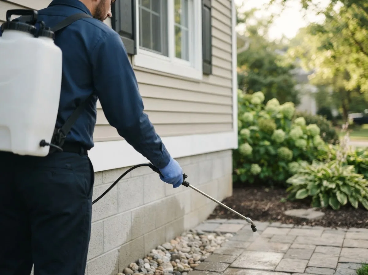 Pest control technician inspecting a home in Kingsville, OH